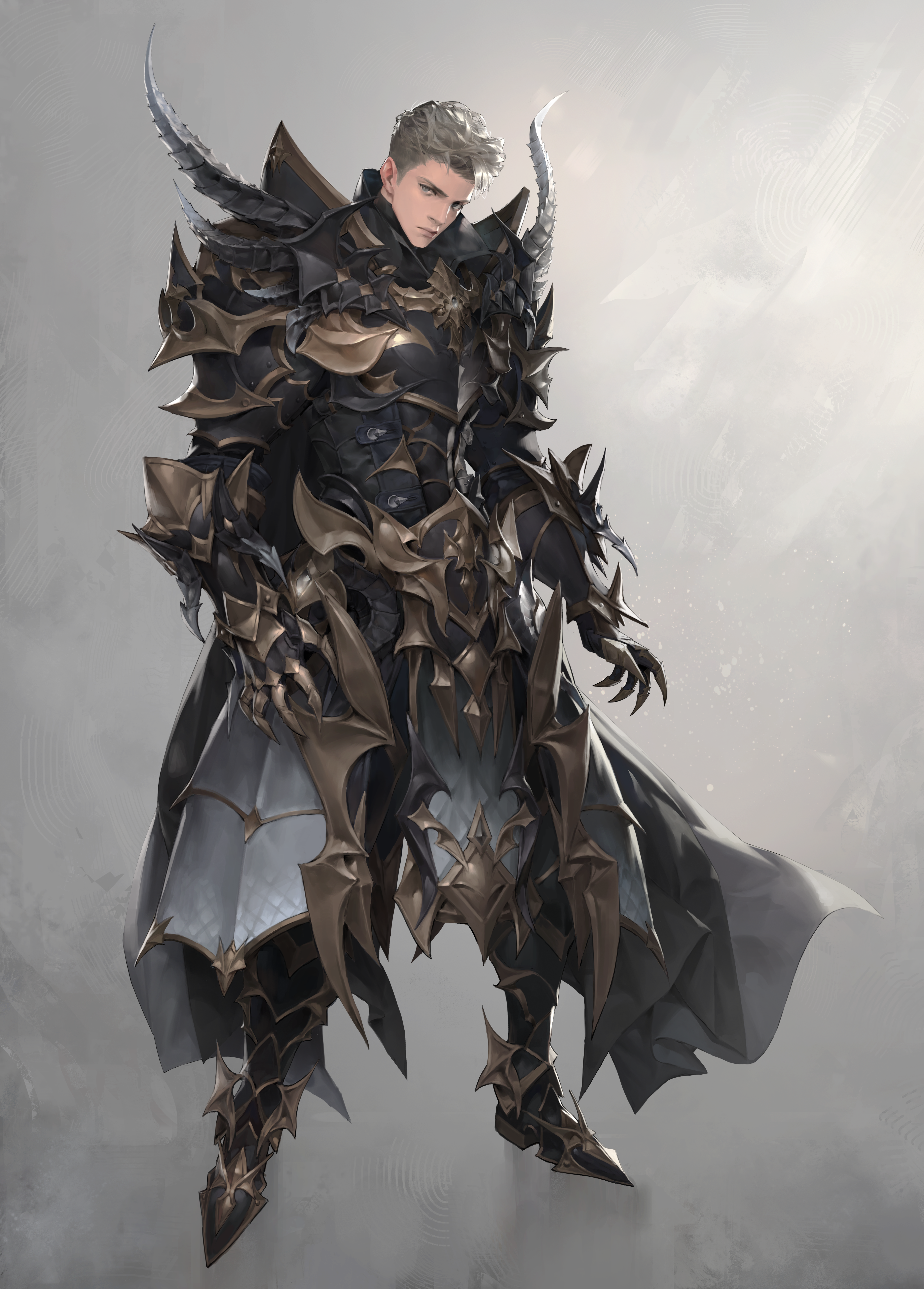 1boy absurdres armor armored_boots black_armor boots breastplate cape claw_(weapon) closed_mouth commentary english_commentary full_body gauntlets gift_art gold_trim grey_background grey_cape grey_eyes grey_hair highres jung_wonjo lips looking_at_viewer male_focus original pauldrons pelvic_curtain short_hair shoulder_armor solo spikes standing weapon