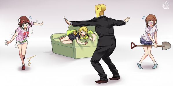 1boy 3girls amami_haruka artist_name bad_id bad_pixiv_id blonde_hair brown_hair closed_eyes couch flying_sweatdrops formal_clothes gradient_background green_upholstery hagiwara_yukiho hoshii_miki idolmaster idolmaster_(classic) jurassic_park jurassic_world long_hair meme multiple_girls p-head_producer prattkeeping_(meme) producer_(idolmaster) rod_(rod4817) short_hair shovel skirt suit tripping worktool