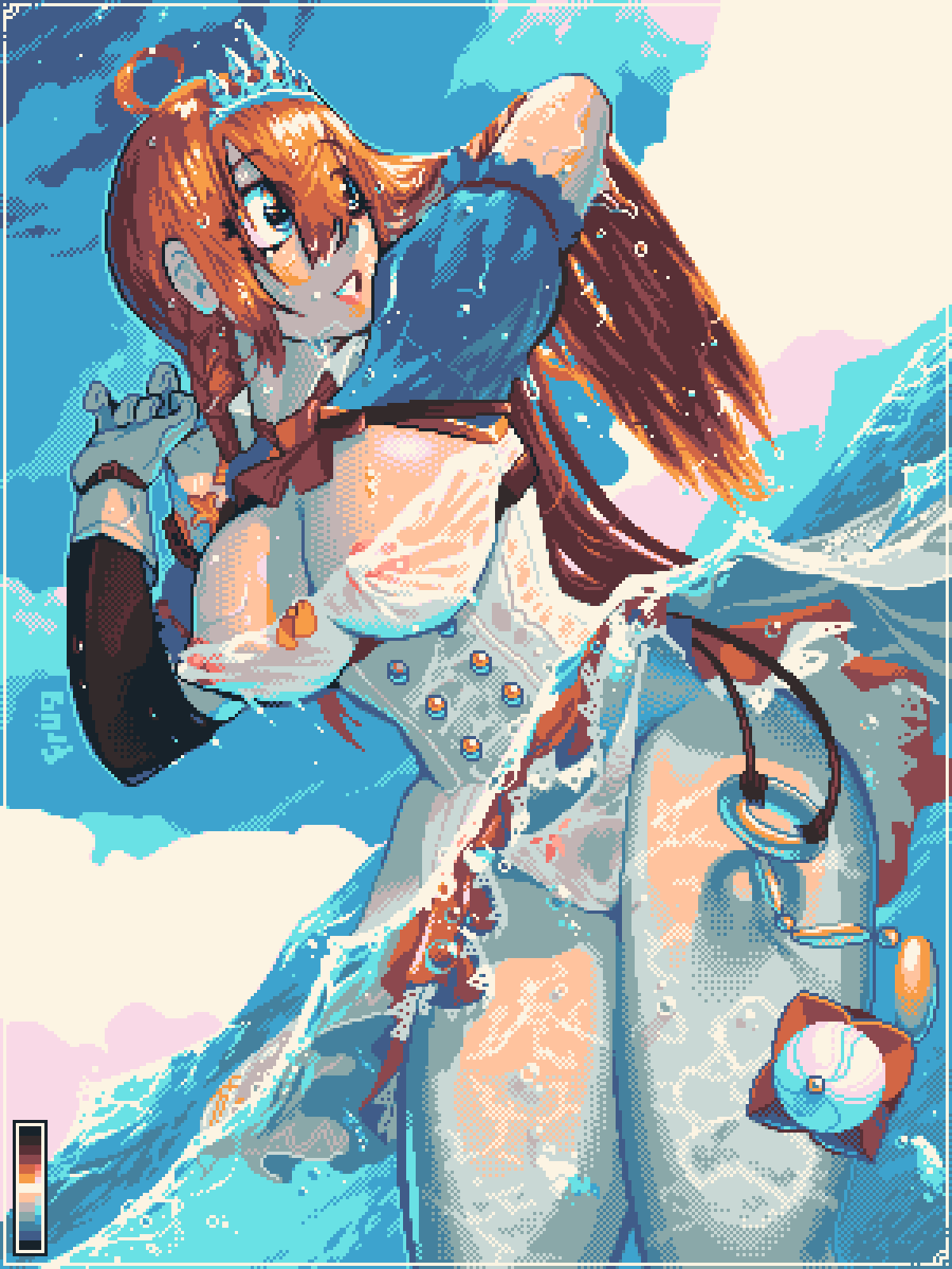 1girl cowboy_shot hair_between_eyes highres in_water long_hair looking_to_the_side nipples ocean orange_hair parted_lips pecorine_(princess_connect!) pixel_art princess_connect! pxlfrug sky tiara wet wet_clothes