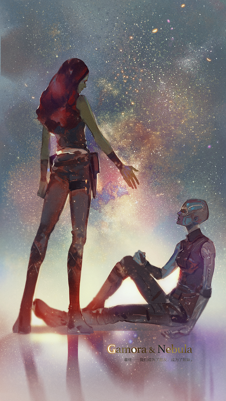2girls bald blue_skin boots colored_skin english_text galaxy gamora green_skin guardians_of_the_galaxy highres knee_boots long_hair looking_at_another marvel marvel_cinematic_universe mlcamaro multicolored_hair multiple_girls nebula_(gotg) outstretched_hand pants siblings sisters sitting sleeveless space spoilers standing star_(symbol) third-party_source