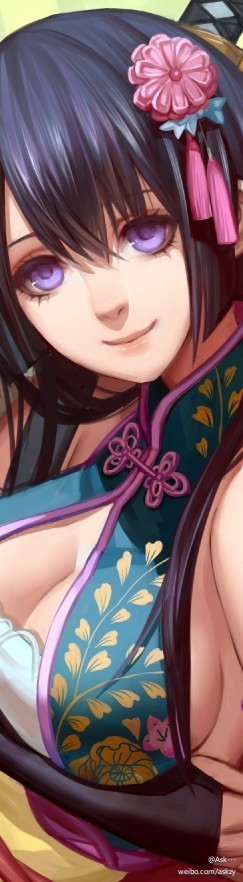 1girl ask_(askzy) bare_shoulders black_hair breasts chinese_clothes cleavage green_background holding holding_sword holding_weapon large_breasts long_hair looking_at_viewer original purple_eyes smile solo standing sword upper_body weapon
