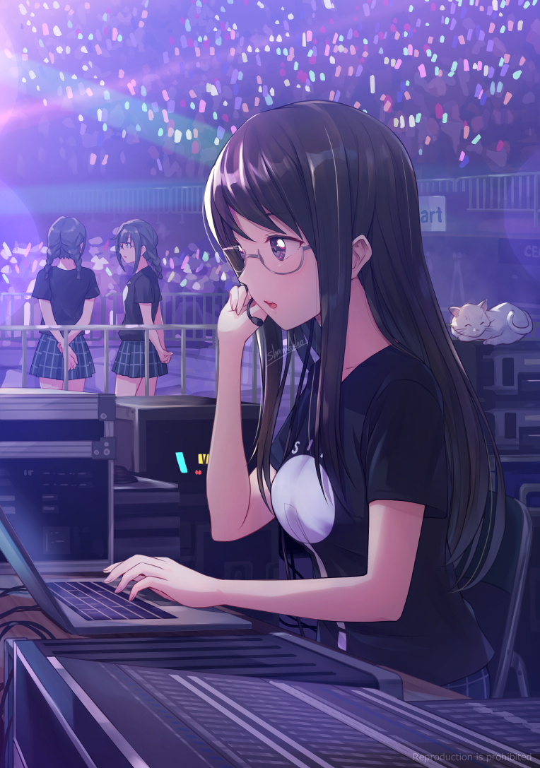 3girls at_computer audience black_hair blue_skirt braid cat computer concert crowd glasses glowstick hanpen_(love_live!) laptop love_live! love_live!_nijigasaki_high_school_idol_club multiple_girls nijigasaki_student_council_secretary nijigasaki_student_council_vice_president plaid pleated_skirt semi-rimless_eyewear shamakho siblings skirt speaker stage stage_lights straight_hair twin_braids twins white_cat