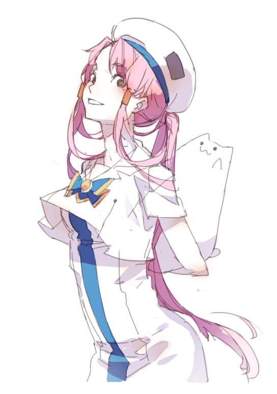 1girl aria_(manga) aria_company_uniform beret blue_bow blue_bowtie bow bowtie breasts cowboy_shot dress eyelashes gold_trim grey_eyes hair_tubes hat long_hair looking_at_viewer mizunashi_akari mmlu_(honwa_karesu) official_alternate_hairstyle parted_bangs pink_hair short_sleeves simple_background sketch small_breasts smile solo standing white_background white_dress white_hat