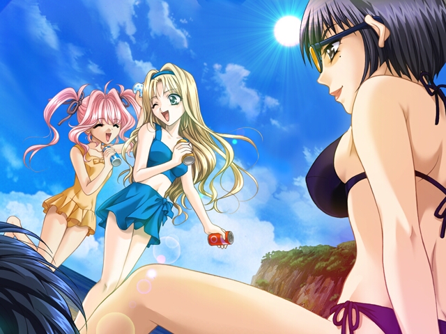3girls beach bikini black_eyes black_hair blonde_hair can cliff day drink_can f_no_fuuin game_cg green_eyes hairband kamio_aoi lens_flare long_hair mole mole_under_eye multiple_girls non-web_source one-piece_swimsuit one_eye_closed oohashi_kaoru outdoors pink_hair short_hair side-tie_bikini_bottom soda_can sudou_ruri sunglasses swimsuit tachibana_yui twintails wink