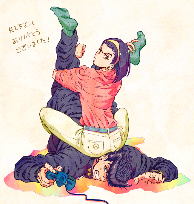1boy 1girl ass bad_id bad_pixiv_id controller frown game_console higashikata_josuke higashikata_tomoko jojo_no_kimyou_na_bouken lammydks mature_female mother_and_son pain sitting sitting_on_person uchiyama_lammy wrestling