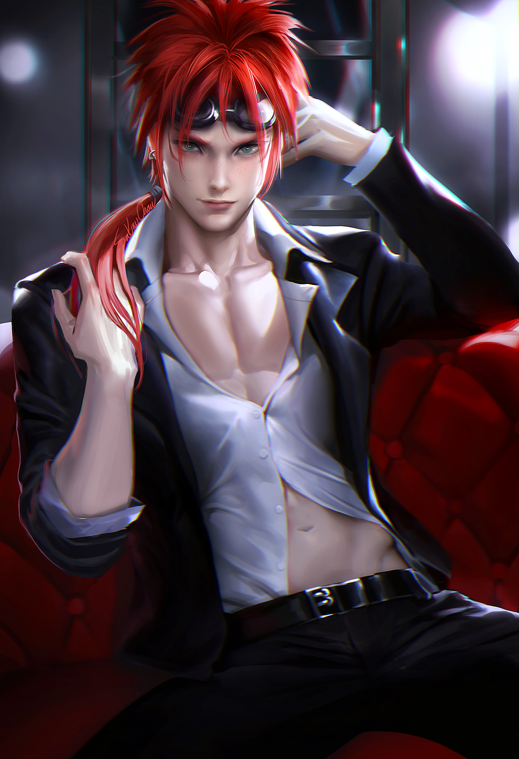 1990s_(style) 1boy aqua_eyes armchair belt black_jacket black_pants blazer chair collarbone collared_shirt dress_shirt earrings final_fantasy final_fantasy_vii goggles goggles_on_head highres indoors jacket jewelry lips long_hair long_sleeves looking_at_viewer male_focus navel open_jacket open_clothes open_collar open_jacket pants ponytail red_hair red_upholstery reno_(ff7) sakimichan shirt sitting solo tufted_upholstery white_shirt