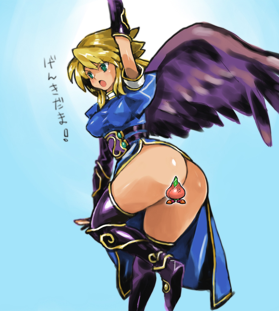 1girl angel_wings ass blonde_hair boots breasts breath_of_fire breath_of_fire_ii dress feathered_wings foot_out_of_frame green_eyes knee_boots long_hair medium_breasts nina_(breath_of_fire_ii) no_panties open_mouth puchidori purple_wings simple_background solo spar wings