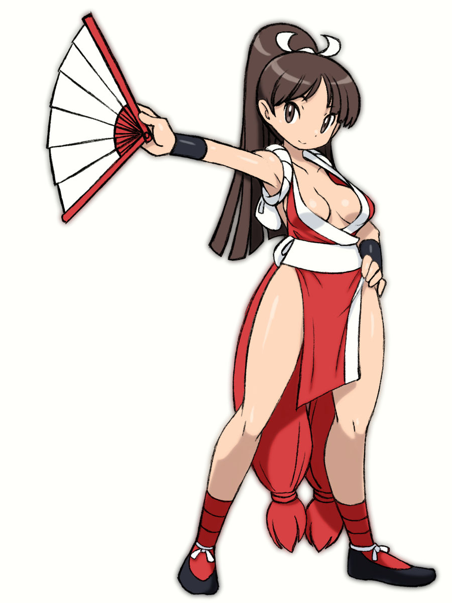 1girl beeru_(veil8801) breasts brown_eyes brown_hair cleavage collarbone fatal_fury folding_fan full_body hand_fan hand_on_own_hip highres holding holding_fan legs_apart long_hair medium_breasts motoyui parted_bangs pelvic_curtain ponytail sash shiranui_mai simple_background solo standing the_king_of_fighters white_background white_sash