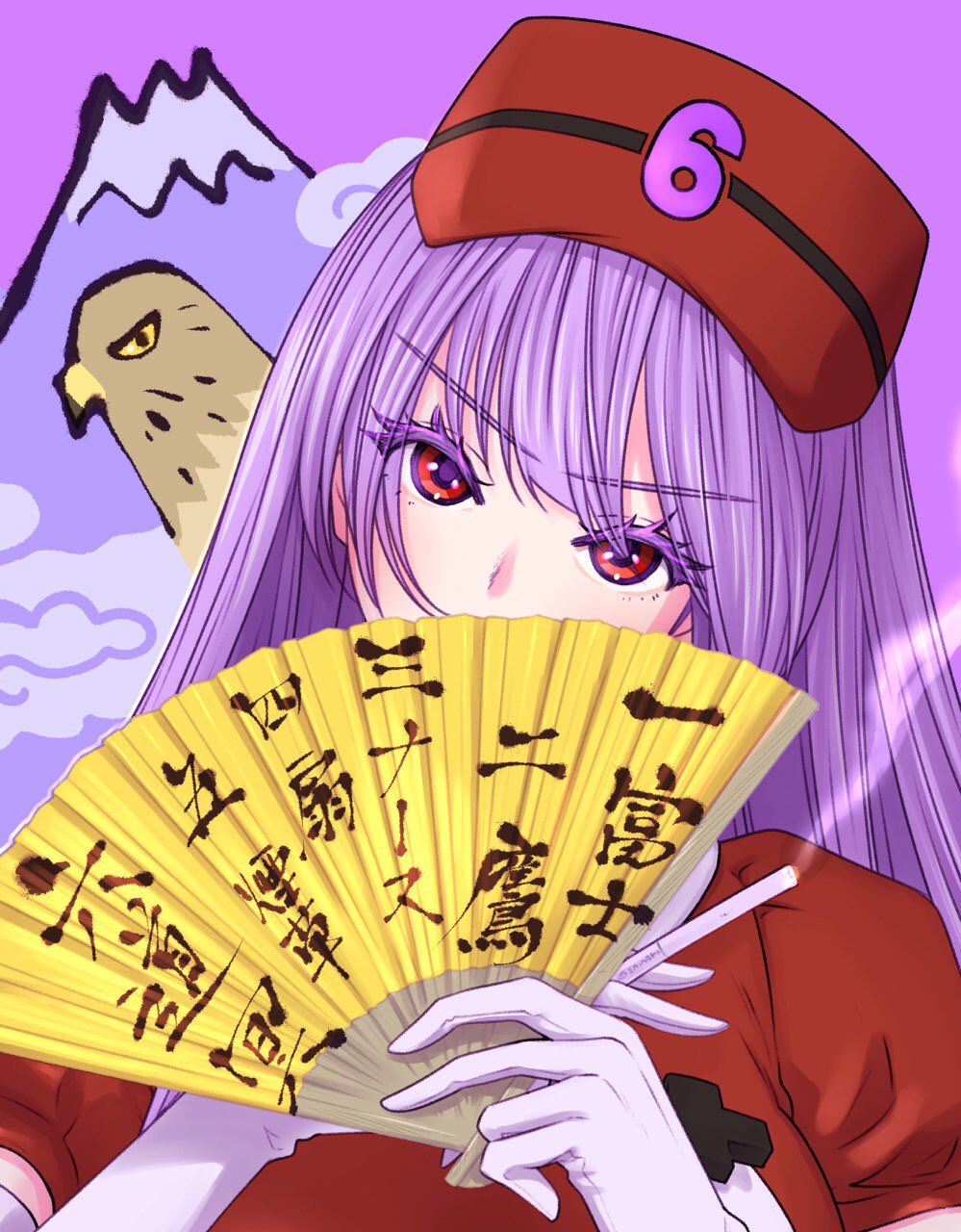 1girl bird cigarette colored_eyelashes covering_own_mouth elbow_gloves fan_to_mouth folding_fan gloves hand_fan hand_fan_writing hands_up hat hatsuyume hawk head_tilt highres holding holding_cigarette holding_fan indie_virtual_youtuber looking_at_viewer mount_fuji new_year nurse_cap puffy_short_sleeves puffy_sleeves purple_background purple_hair red_eyes red_hat robota_robotnika rokudou_mei short_sleeves simple_background smoke smoke_trail smoking solo thick_eyelashes upper_body v-shaped_eyebrows virtual_youtuber white_gloves xiangyun