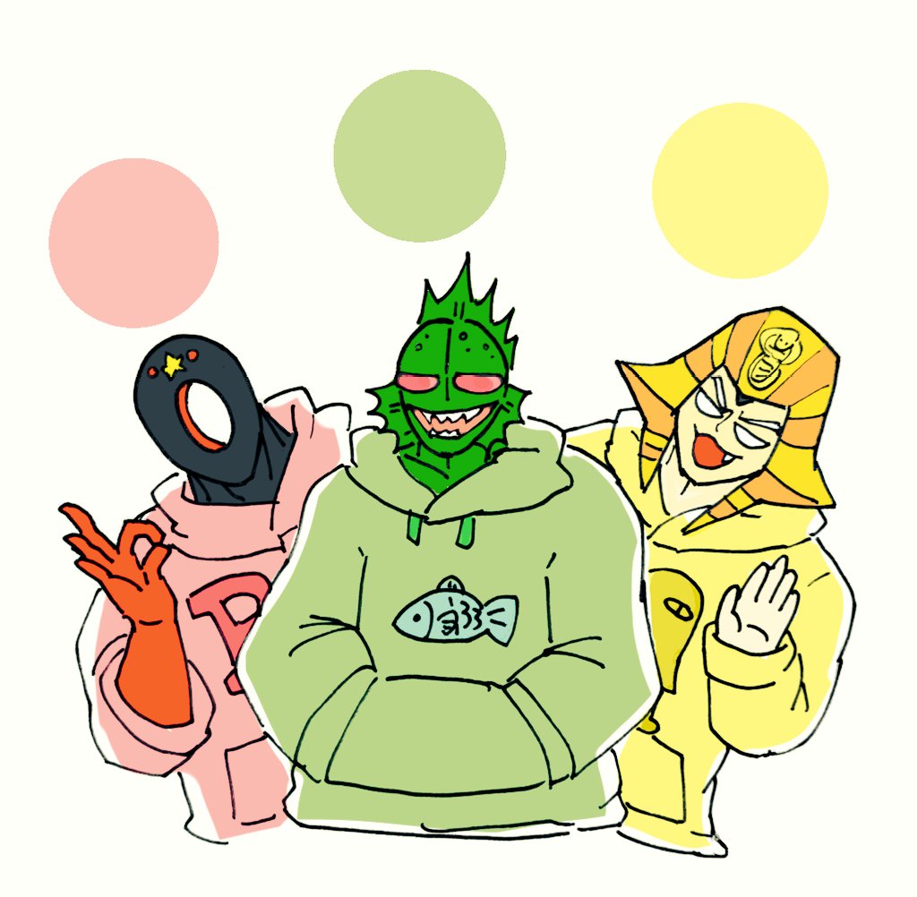 3boys artist_request atlantis_(kinnikuman) biceps black_hole_(kinnikuman) gloves grin hat jacket kinnikuman mister_khamen multiple_boys muscular no_humans ok_sign pectorals smile