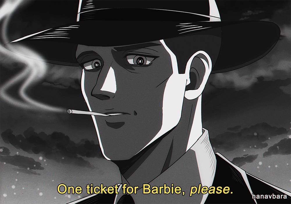 1boy artist_name barbenheimer_(meme) barbie_(franchise) barbie_(live_action) cigarette cloud cloudy_sky english_text formal_clothes greyscale hanavbara hat julius_robert_oppenheimer male_focus meme monochrome necktie oppenheimer_(movie) sky smoking solo