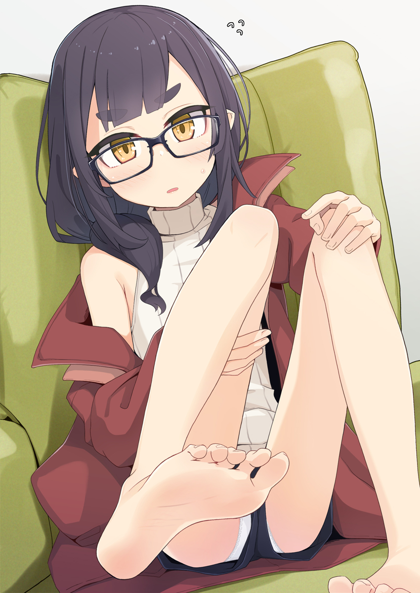 1girl akari_(raigou) armchair barefoot bike_shorts black-framed_eyewear black_hair black_shorts blush borrowed_character brown_eyes brown_jacket chair feet flying_sweatdrops glasses grey_background hair_over_shoulder highres jacket long_hair long_sleeves looking_at_viewer low_ponytail off_shoulder ogami_kazuki on_chair open_clothes open_jacket original panties panties_under_bike_shorts parted_lips ponytail puffy_long_sleeves puffy_sleeves short_eyebrows short_shorts shorts simple_background sleeveless sleeveless_turtleneck soles solo sweater thick_eyebrows toes turtleneck turtleneck_sweater underwear white_panties white_sweater
