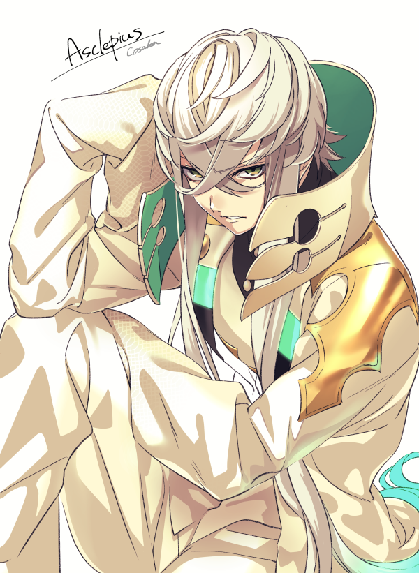1boy asclepius_(fate) brown_eyes character_name coat crossed_bangs fate/grand_order fate_(series) gradient_hair grey_hair knee_up long_hair long_sleeves lunapont male_focus multicolored_hair pants simple_background sitting sleeves_past_fingers sleeves_past_wrists solo upper_body very_long_hair white_background white_coat white_pants