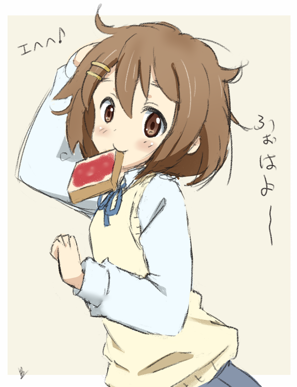 1girl blue_ribbon brown_eyes brown_hair food hair_ornament hairclip hirasawa_yui holding holding_food k-on! looking_at_viewer ma-2_(konkon_kitakitsune) messy_hair mouth_hold ribbon school_uniform scratching_head short_hair solo translation_request