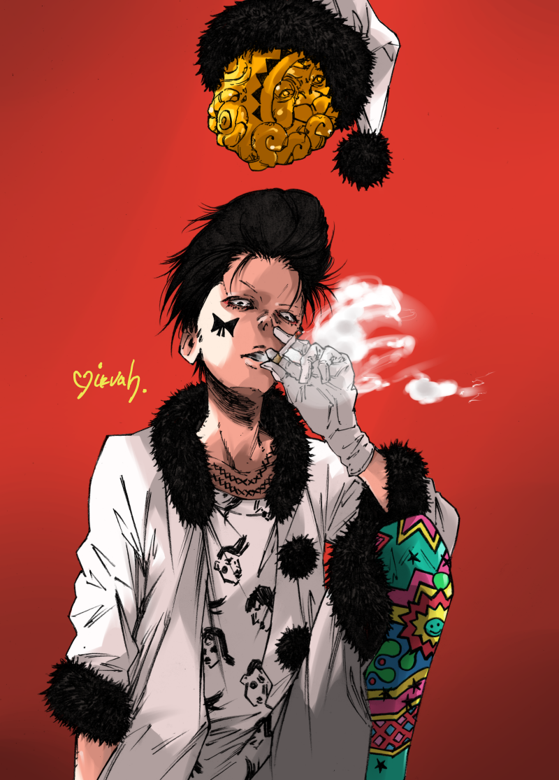 1boy black_eyes black_hair cigarette facial_mark facial_tattoo fur_collar fur_trim gloves hat jacket looking_at_viewer makkamu original pom_pom_(clothes) pompadour red_background shirt short_hair signature smoking t-shirt tattoo