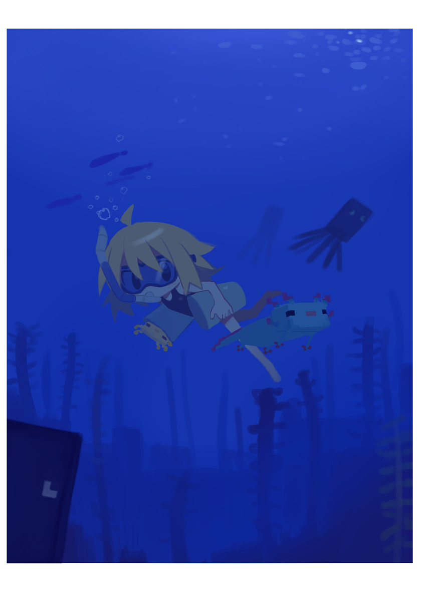 1girl ahoge air_bubble animal axolotl_(minecraft) black_eyes blonde_hair blush border bubble bucket carrying carrying_under_arm cube fish full_body goggles highres holding holding_animal holding_bucket kokaki_mumose looking_at_another looking_to_the_side minecraft null-meta parody school_swimsuit seaweed short_hair silhouette snorkel snorkel_in_mouth solo squid_(minecraft) swimming swimsuit underwater uozumi_kurumi white_border