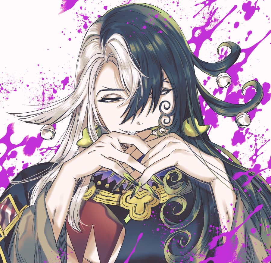 1boy ashiya_douman_(fate) asymmetrical_clothes asymmetrical_hair bell black_eyes black_hair cover cover_page curly_hair earrings evil_smile eyeshadow fate/grand_order fate_(series) fingernails green_eyeshadow green_kimono green_lips green_nails hair_bell hair_between_eyes hair_intakes hair_ornament half-closed_eyes interlocked_fingers japanese_clothes jewelry kimono lipstick long_hair looking_at_viewer magatama magatama_earrings makeup male_focus multicolored_hair nail_polish onmyouji open_clothes open_kimono own_hands_together paint paint_splatter portrait sharp_fingernails sharp_teeth smile solo split-color_hair teeth toned toned_male two-tone_hair upper_body very_long_fingernails very_long_hair wani_(mezo) white_hair