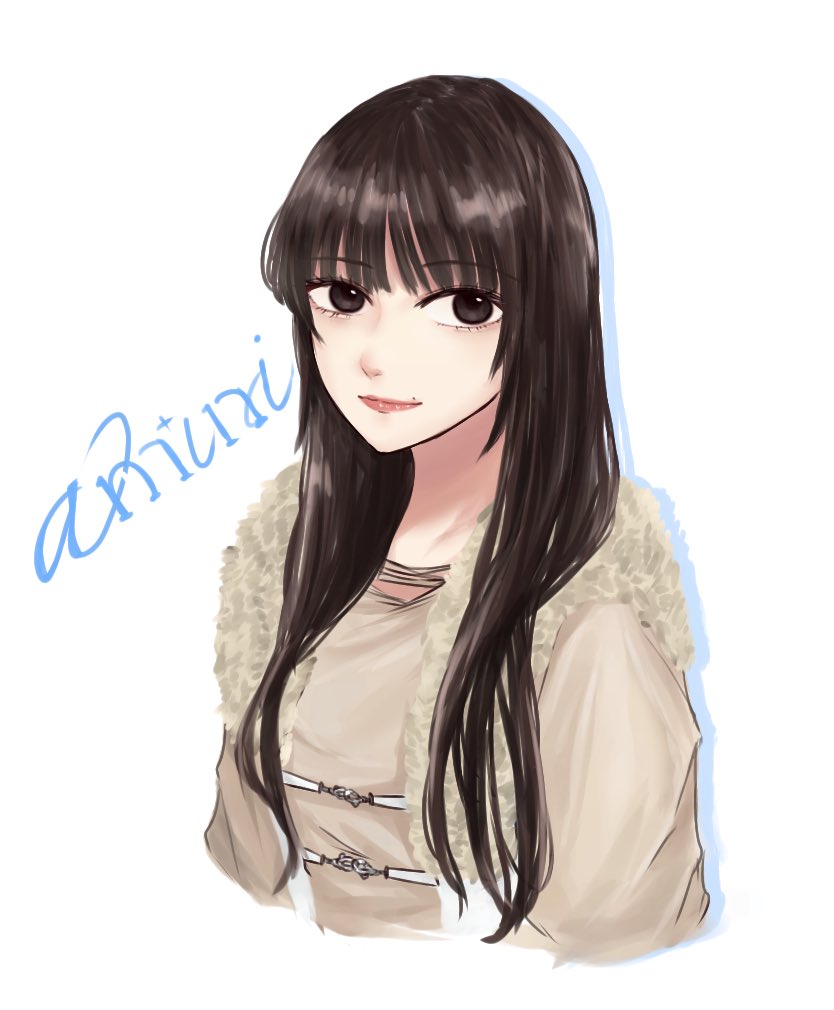 1girl actor arms_at_sides brown_eyes brown_hair brown_shirt closed_mouth commentary_request cropped_torso drop_shadow fur-trimmed_shirt fur_trim group_name light_smile long_hair long_sleeves looking_at_viewer mole mole_above_mouth nigari_(ngari_0115) nomoto_sora real_life shirt simple_background solo white_background