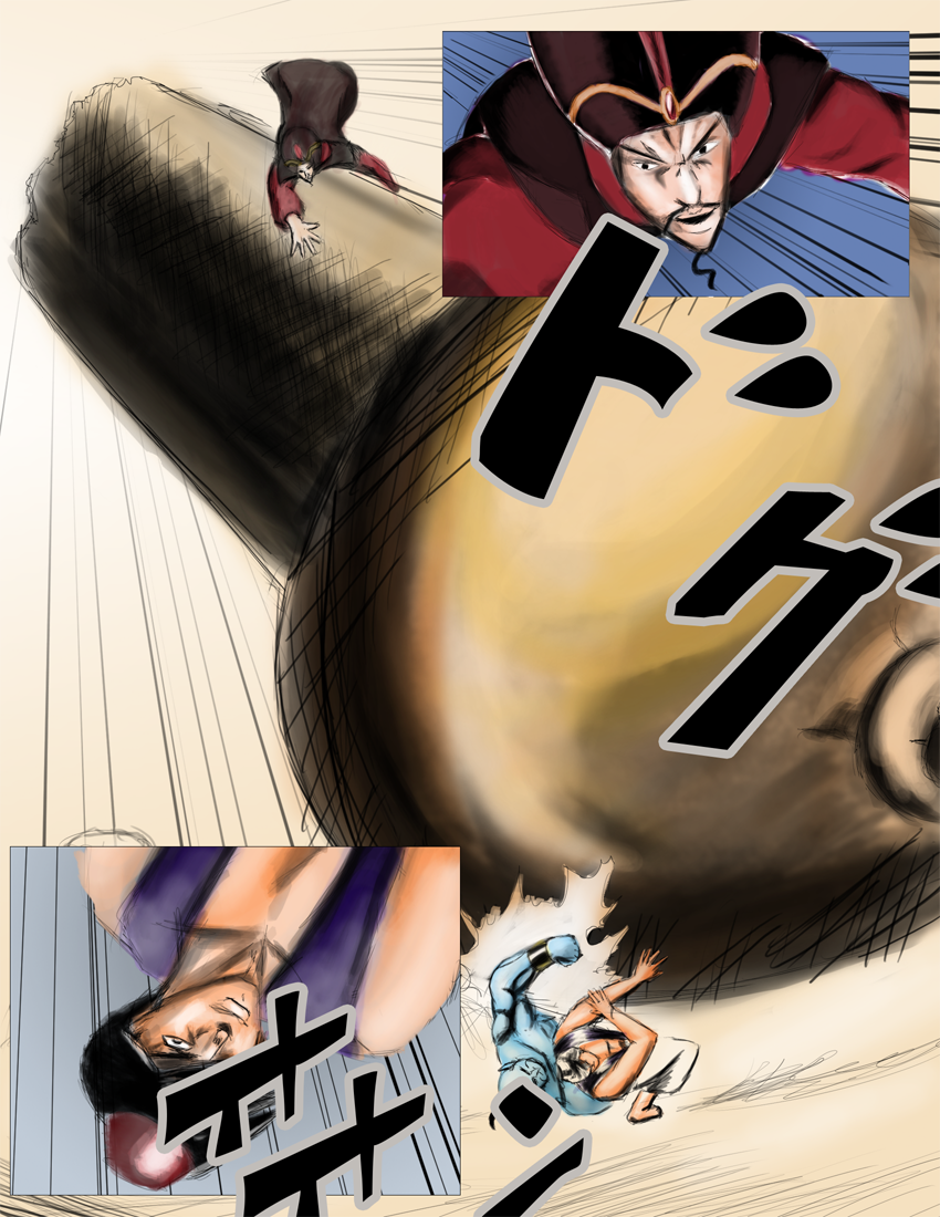 3boys aladdin_(disney) aladdin_(movie) araki_hirohiko_(style) genie_(aladdin) jafar jojo_no_kimyou_na_bouken kuroi-kenshi male_focus multiple_boys parody