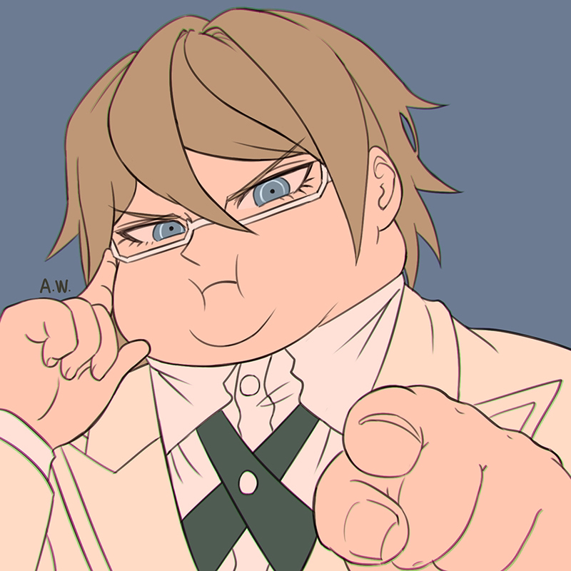 1boy blonde_hair blue_background collared_shirt danganronpa_(series) danganronpa_2:_goodbye_despair fat fat_man jacket male_focus pointing pointing_at_viewer semi-rimless_eyewear shirt short_hair simple_background solo suika_no9 togami_byakuya_(danganronpa_2) white-framed_eyewear white_jacket white_shirt