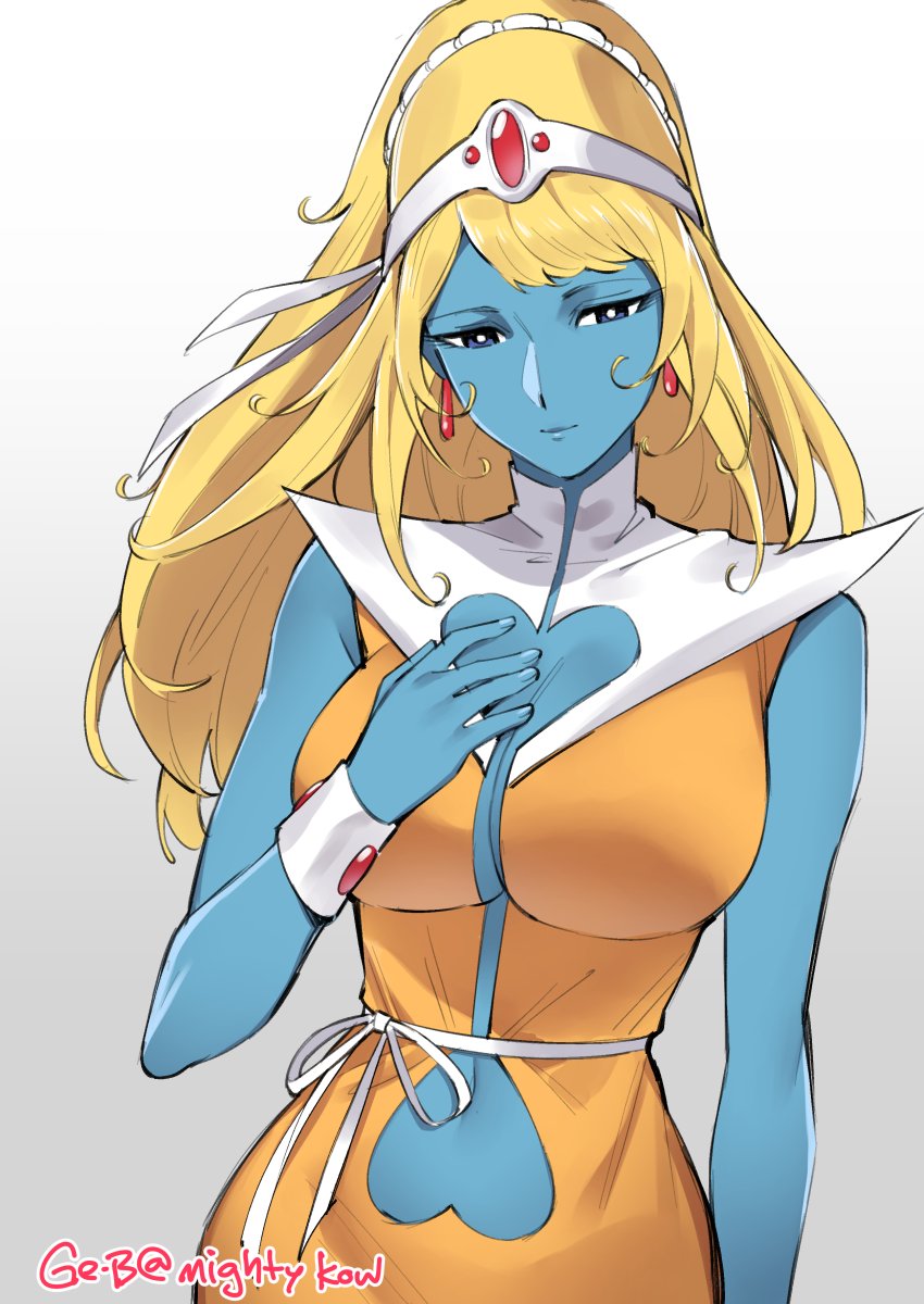 1girl blonde_hair blue_skin breasts cleavage cleavage_cutout clothing_cutout colored_skin daft_punk earrings female_focus hand_on_own_chest heart_cutout highres interstella_5555 jewelry large_breasts long_hair mightykow navel navel_cutout simple_background smile solo standing stella_(interstella_5555) stomach_cutout