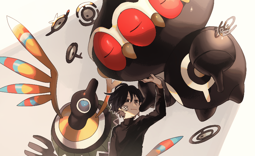 1boy bandaid bandaid_on_face black_hair black_shirt claydol closed_eyes closed_mouth commentary_request creatures_(company) game_freak gen_2_pokemon gen_3_pokemon gen_5_pokemon grey_eyes long_sleeves looking_at_viewer male_focus newo_(shinra-p) nintendo pokemon pokemon_(creature) shirt sigilyph smile unown unown_h unown_k unown_o unown_q unown_u