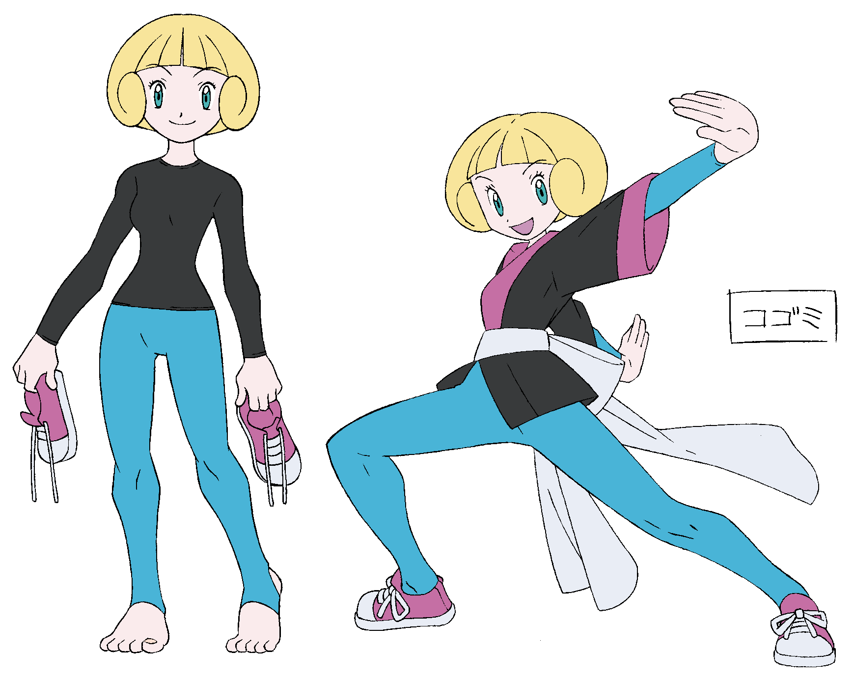 1girl 2024_pokemon_teraleak barefoot blonde_hair colorized concept_art feet green_eyes greta_(pokemon) highres holding holding_shoes japanese_text nintendo official_alternate_costume official_art pokemon pokemon_(anime) pokemon_rse_(anime) pose_imitation shoes short_hair smile stirrup_footwear stirrup_legwear toeless_legwear toenails toes tomboy untied_shoelaces unworn_shoes