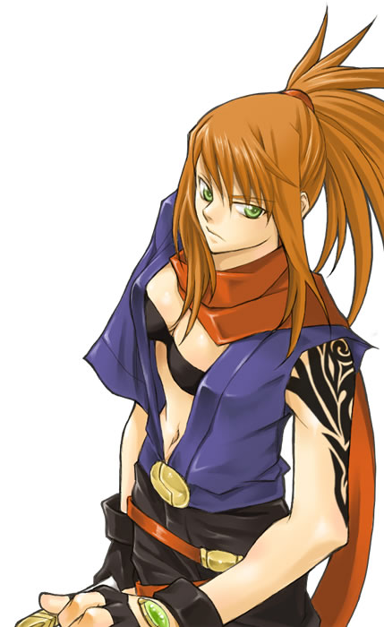 00s 1girl belt brown_hair female_focus fingerless_gloves gloves green_eyes mico3 midori my-hime my-otome open_clothes ponytail red_hair scarf serious sleeveless solo sugiura_midori tattoo white_background