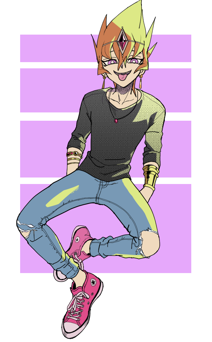 1boy bad_id bad_pixiv_id blue_pants bracelet bracer circlet converse denim earrings gem hands_in_pockets jeans jewelry long_sleeves looking_at_viewer nato_(maanguito) orange_hair pants purple_eyes shingetsu_rei shoes sitting smile sneakers solo spiked_hair tongue tongue_out torn_clothes torn_jeans torn_pants vector_(yu-gi-oh!) yu-gi-oh! yu-gi-oh!_zexal