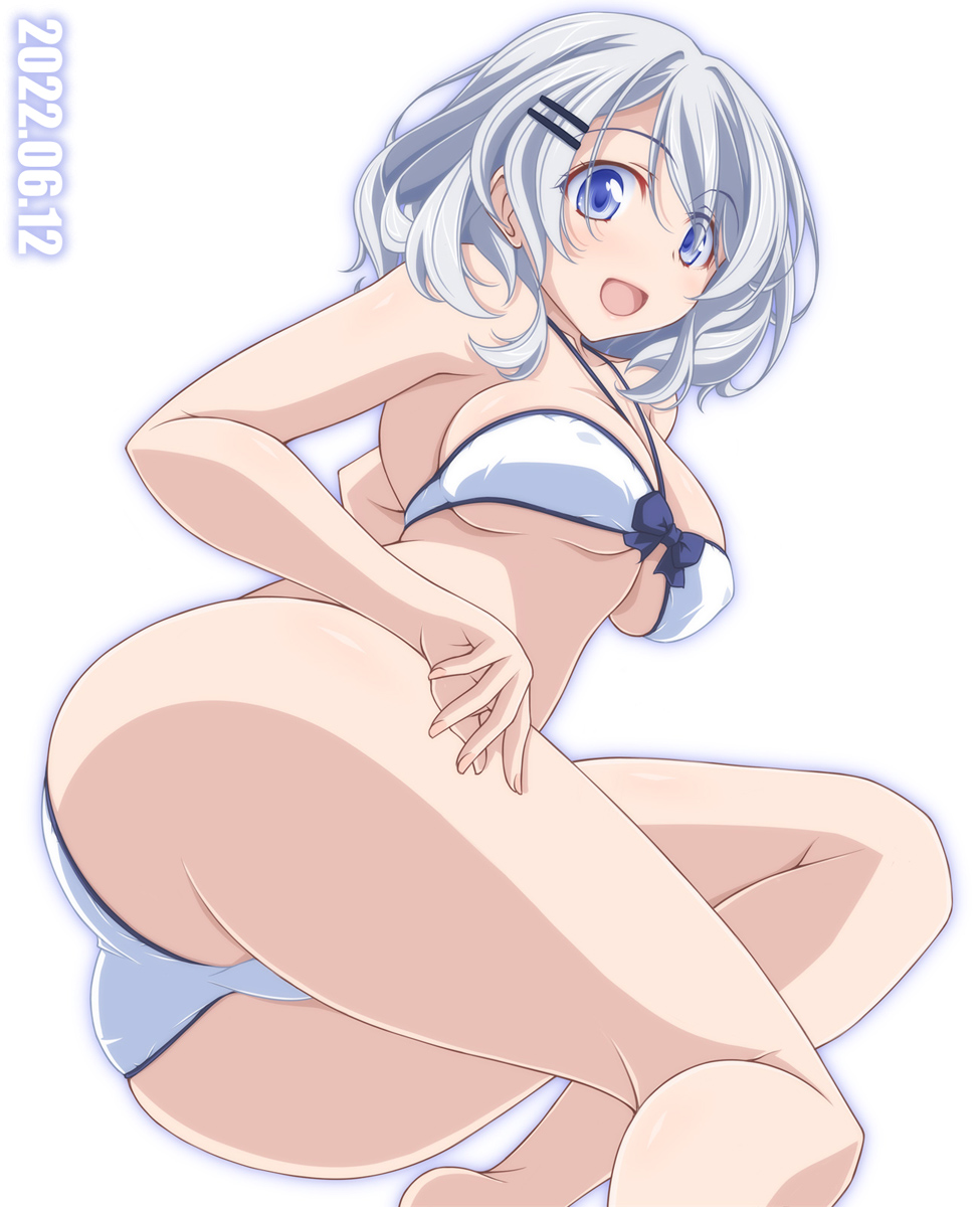 1girl ass barefoot bikini blue_eyes breasts commentary_request hair_ornament hairclip halterneck highres kikuchi_tsutomu large_breasts looking_at_viewer lying medium_hair on_side open_mouth original simple_background smile solo swimsuit white_background white_bikini white_hair