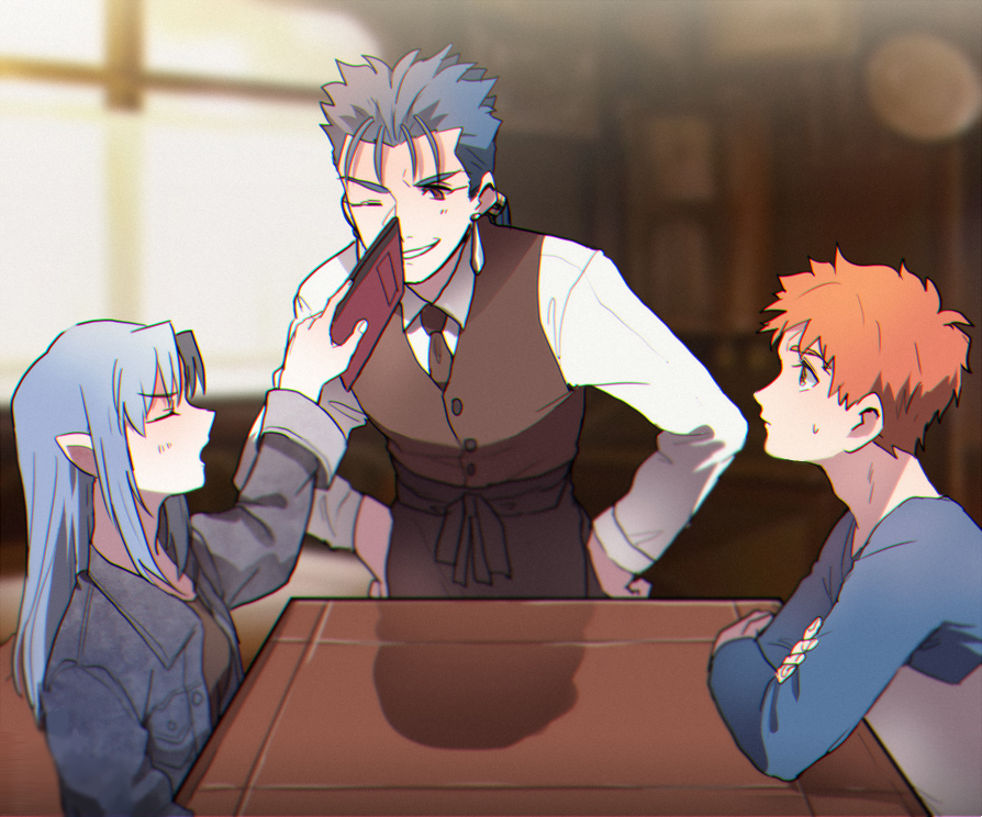 1girl 2boys alternate_universe blue_hair booth_seating braid breasts burger cafe contemporary cu_chulainn_(fate) cu_chulainn_(fate/stay_night) earrings elf emiya_shirou fate/hollow_ataraxia fate/stay_night fate_(series) food jewelry medea_(caster)_(fate) medea_(fate) menu momoka_(abc_momoka0718) multiple_boys orange_hair pointy_ears ponytail restaurant table