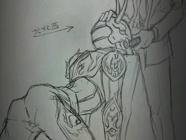 armor armored_male back eating ehoumaki facing_away food head_hold headpat kamen_rider kamen_rider_den-o_(series) makizushi momotaros monster monster_boy moriya_i all_fours on_hands_and_knees oni oni_horn setsubun sketch sushi unseen