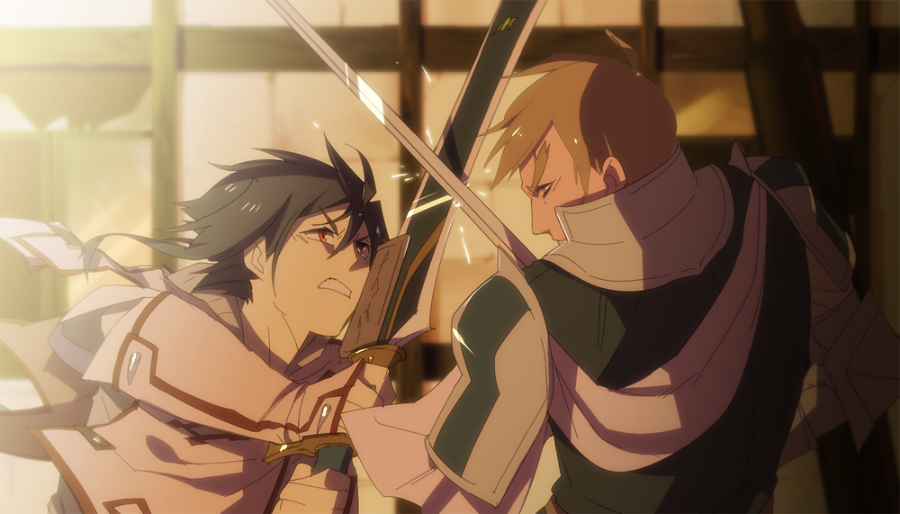 2boys armor black_hair blonde_hair blue_eyes breastplate broken_window brown_shirt building dappled_sunlight duel elbow_gloves evening facing_away facing_to_the_side fighting fighting_stance gauntlets gloves green_tunic grimace gurast holding holding_sword holding_weapon knight looking_at_another looking_to_the_side male_focus multiple_boys original outdoors partially_fingerless_gloves red_eyes red_trim shirt shoulder_armor sparks sunlight sword tunic weapon white_tunic wind