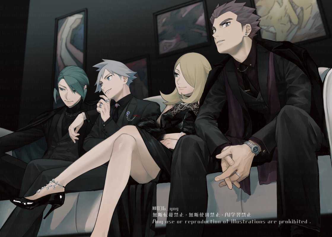 1girl 3boys alternate_costume black_jacket black_pants black_shoes blonde_hair bright_pupils closed_mouth commentary_request couch crossed_legs cynthia_(pokemon) green_hair hair_over_one_eye hand_up high_heels jacket jewelry lance_(pokemon) multiple_boys nintendo pants pokemon pokemon_dppt pokemon_hgss pokemon_rse ring shoes short_hair sitting smile steven_stone vest wallace_(pokemon) watch watermark wristwatch y_(036_yng)