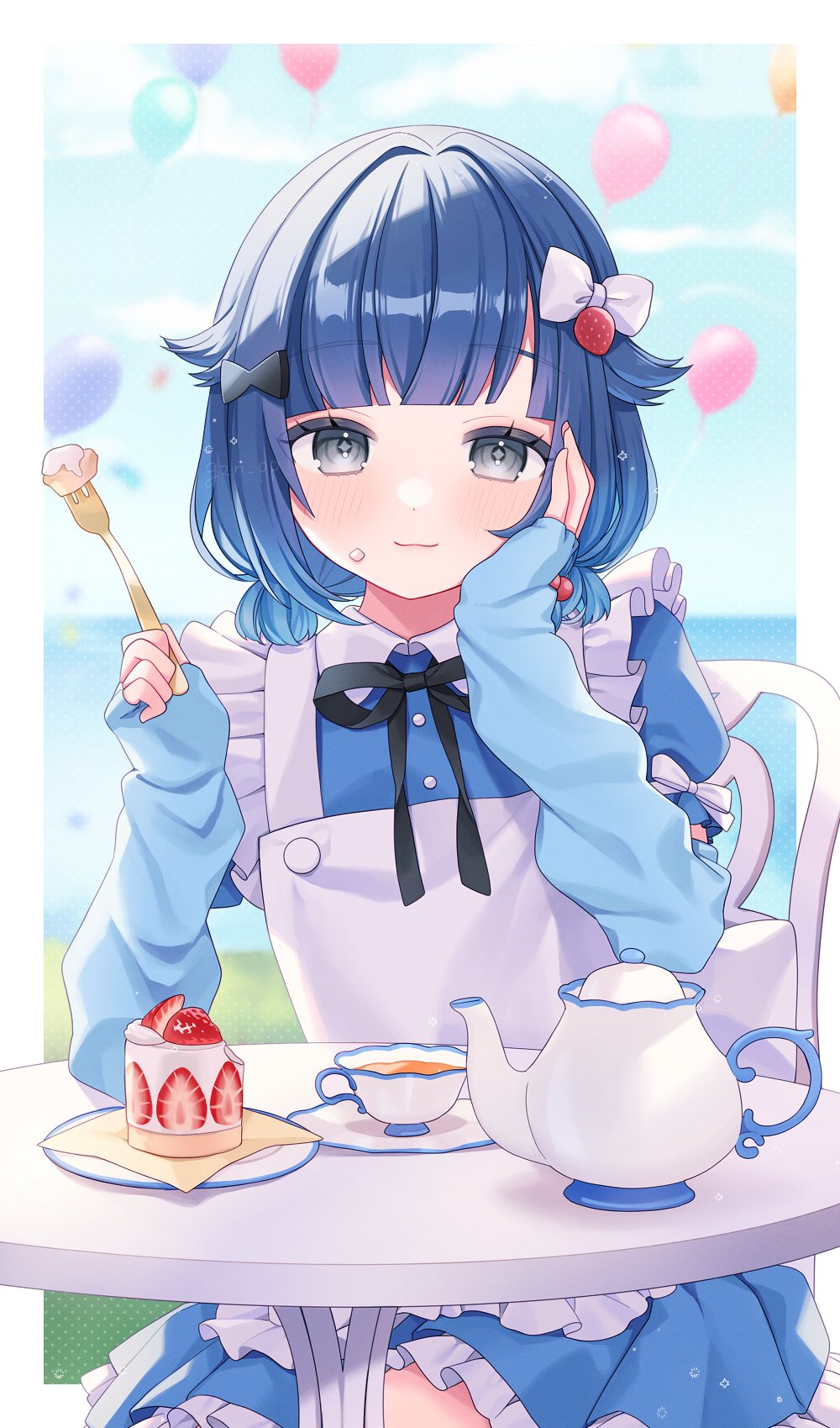 1girl :3 alternate_costume apron arm_warmers balloon blue_dress blue_hair border bow cake chair cup dress food food_on_face fork frilled_apron frilled_dress frills fruit gradient_hair grey_eyes hair_bow hair_flaps hand_on_own_cheek hand_on_own_face highres holding holding_fork maid_apron multicolored_hair munuko neck_ribbon outside_border puffy_short_sleeves puffy_sleeves ribbon round_table short_sleeves sitting solo strawberry strawberry_shortcake table teacup teapot tsumugi_kokage virtual_youtuber vspo! white_apron white_border