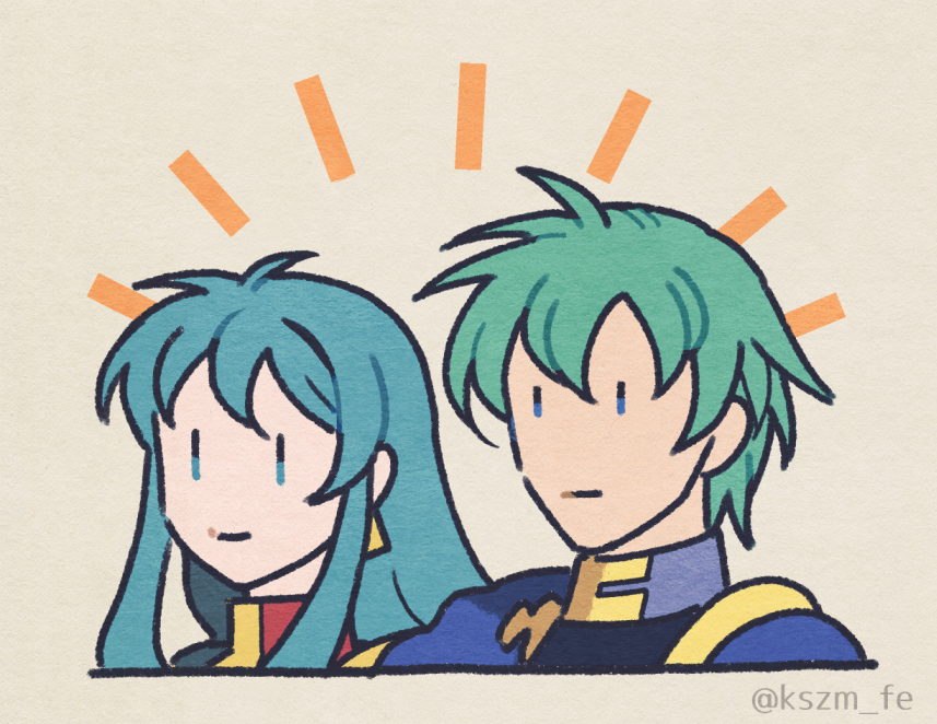 1boy 1girl aqua_hair brother_and_sister closed_mouth eirika_(fire_emblem) ephraim_(fire_emblem) fire_emblem fire_emblem:_the_sacred_stones green_hair hair_between_eyes kszm_fe long_hair nintendo short_hair siblings sidelocks smile twins twitter_username upper_body