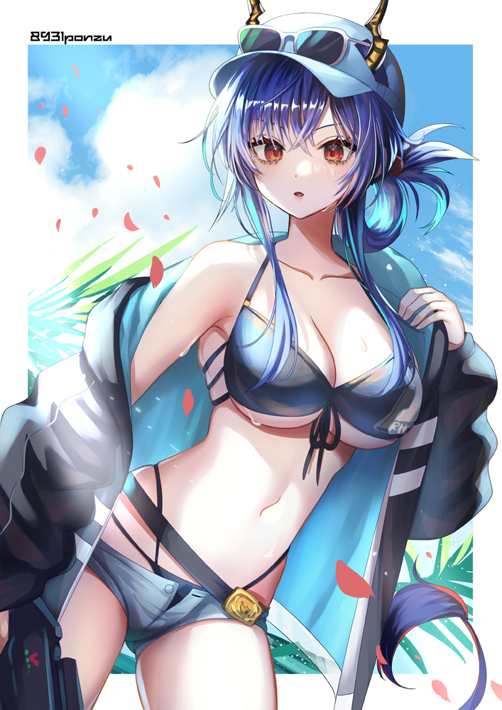1girl 8931ponzu arknights armpits bare_shoulders baseball_cap belt bikini black_jacket blue_bikini blue_hair breasts ch&#039;en_(arknights) ch&#039;en_the_holungday_(arknights) ch&#039;en_the_holungday_(elite_ii)_(arknights) cleavage collarbone cowboy_shot dragon_horns elite_ii_(arknights) eyewear_on_headwear folded_ponytail front-tie_bikini_top front-tie_top halterneck hat highleg highleg_bikini horns horns_through_headwear jacket large_breasts long_hair long_sleeves looking_at_viewer micro_shorts multi-strapped_bikini navel off_shoulder open_clothes open_fly open_jacket open_mouth puffy_sleeves red_eyes shorts skindentation solo stomach string_bikini sunglasses swimsuit tail thighs wet white-framed_eyewear white_hat white_shorts