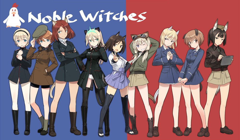 506th_joint_fighter_wing 6+girls adriana_visconti animal_ears arms_behind_head arms_up bike_shorts bird black_hair black_legwear blonde_hair blue_eyes blush boots braid brown_eyes brown_footwear brown_hair carla_j._luksic cat_ears cat_tail chicken clipboard commentary_request copyright_name dog_ears dog_girl dog_tail full_body garrison_cap geena_preddy gloves goggles goggles_on_head green_background green_eyes grey_eyes grin hairband hat head_wings heinrike_prinzessin_zu_sayn-wittgenstein hirschgeweih_antennas horse_girl isabelle_du_monceau_de_bergendal jennifer_j_deblanc kuroda_kunika long_hair long_sleeves looking_at_viewer looking_away low_twintails marian_e._carl military military_uniform multiple_girls noble_witches one_eye_closed open_mouth orange_hair panties pantyhose pen pocket ponytail red_hair rosalie_de_hemricourt_de_grunne shimada_fumikane shoes short_hair simple_background skirt smile standing strike_witches tail thighhighs twintails underwear v white_legwear wings world_witches_series