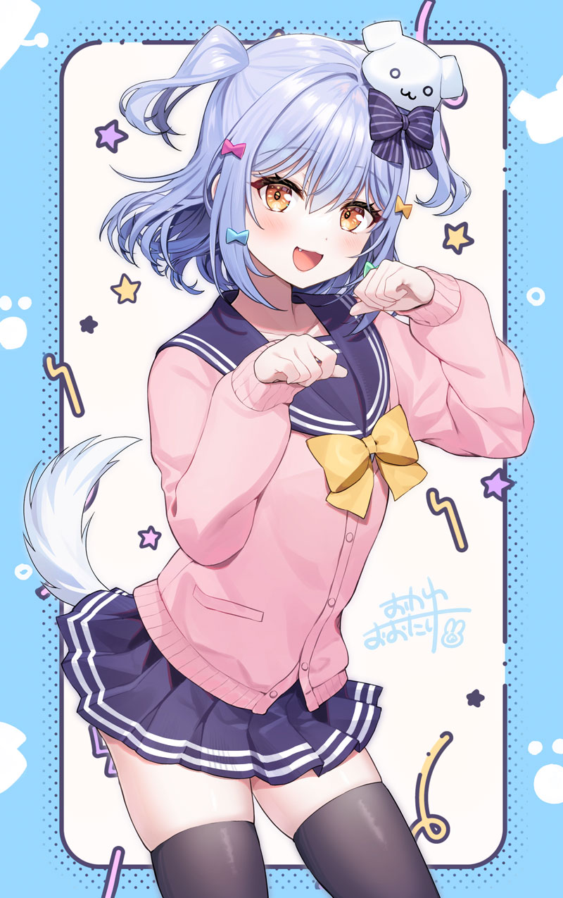 1boy :3 artist_name black_bow black_sailor_collar black_skirt black_thighhighs blue_background blue_bow blue_hair bow bowtie cardigan collarbone commentary_request cowboy_shot dog_hair_ornament dog_tail dot_nose fang green_bow hair_between_eyes hair_bow hair_ornament highres inuyama_tamaki looking_at_viewer miniskirt multiple_hair_bows noripro okanoyuno open_mouth orange_bow orange_hair paw_pose paw_print pink_bow pink_cardigan pleated_skirt sailor_collar school_uniform short_hair skirt sleeves_past_wrists smile solo standing star_(symbol) striped_bow tail thighhighs trap two_side_up virtual_youtuber yellow_bow yellow_bowtie
