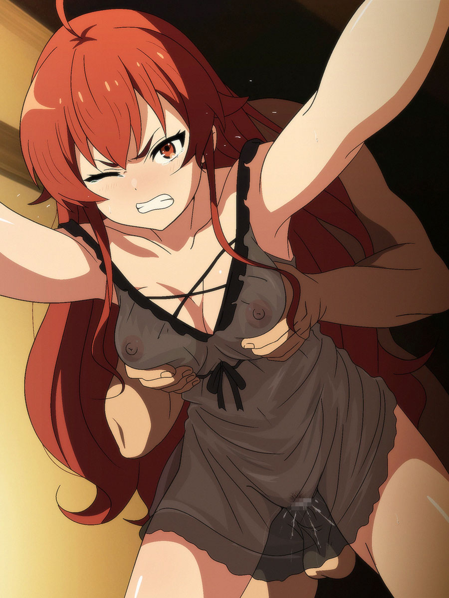1boy 1girl ahoge babydoll black_babydoll breasts censored clenched_teeth collarbone cum cum_in_pussy doggystyle eris_greyrat female_pubic_hair grabbing grabbing_another&#039;s_breast grabbing_from_behind groping hetero highres lingerie long_hair looking_at_viewer medium_breasts mosaic_censoring mushoku_tensei negligee nightgown nipples one_eye_closed penis pubic_hair red_eyes red_hair salmon_knight see-through_clothes sex sex_from_behind solo_focus sparse_pubic_hair teeth underwear vaginal