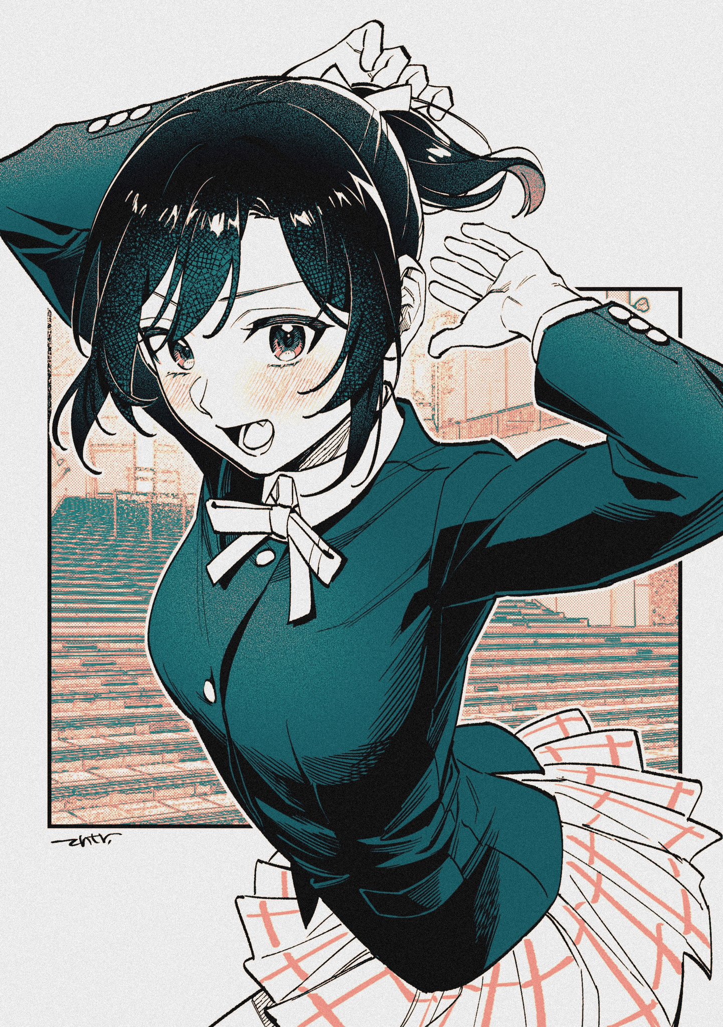 1girl blazer blush breasts collared_shirt fang highres jacket long_sleeves looking_at_viewer love_live! love_live!_nijigasaki_high_school_idol_club matsugi_zuntaro medium_breasts medium_hair mifune_shioriko miniskirt neck_ribbon nijigasaki_school_uniform open_mouth partially_colored plaid_clothes plaid_skirt pleated_skirt ponytail ribbon school_uniform shirt sidelocks skirt solo upper_body white_shirt white_skirt winter_uniform