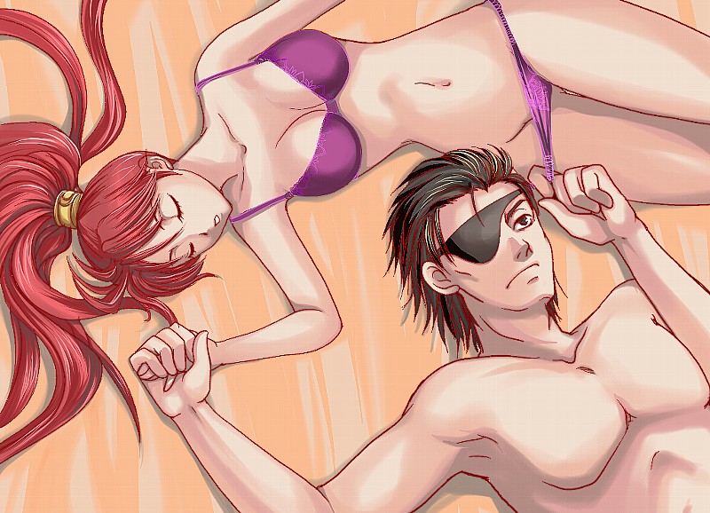 1boy 1girl bad_id bad_pixiv_id black_hair bra couple eyepatch fire_emblem fire_emblem:_path_of_radiance fire_emblem:_radiant_dawn haar_(fire_emblem) hetero holding_hands jill_(fire_emblem) lingerie long_hair lying navel nintendo on_back panties panty_pull ponytail pulling_another&#039;s_clothes purple_bra purple_panties red_hair ruru_(pixiv179244) short_hair sleeping thighs topless_male underwear underwear_only wyvern_rider