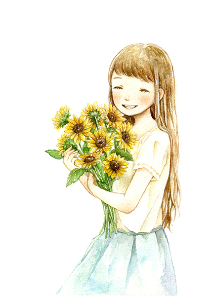 1girl blue_skirt blush brown_hair casual closed_eyes facing_viewer flower happy holding holding_flower leaf long_hair open_mouth original shirt short_sleeves simple_background skirt smile solo sunflower swept_bangs teeth tokoyu white_background white_shirt yellow_flower