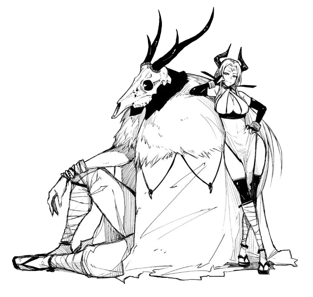 1boy 1girl antlers arm_on_knee bandaged_leg bandages black_choker black_torch_(takaki_tsuyoshi) bracelet breasts bridal_gauntlets cape choker cleaned cleavage covered_navel cow_horns criss-cross_halter crossed_legs curtained_hair dress facial_mark forehead_mark full_body fur-trimmed_cape fur_trim geta greyscale halter_dress halterneck hand_on_own_cheek hand_on_own_face hand_on_own_hip horns ibuki_(black_torch) japanese_clothes jewelry knee_up large_breasts leaning_on_person light_smile long_hair monjumaru monochrome monster official_art over-kneehighs pelvic_curtain simple_background sitting skull_head sleeveless sleeveless_dress standing tabi takaki_tsuyoshi thighhighs third-party_edit third-party_source very_long_hair white_background