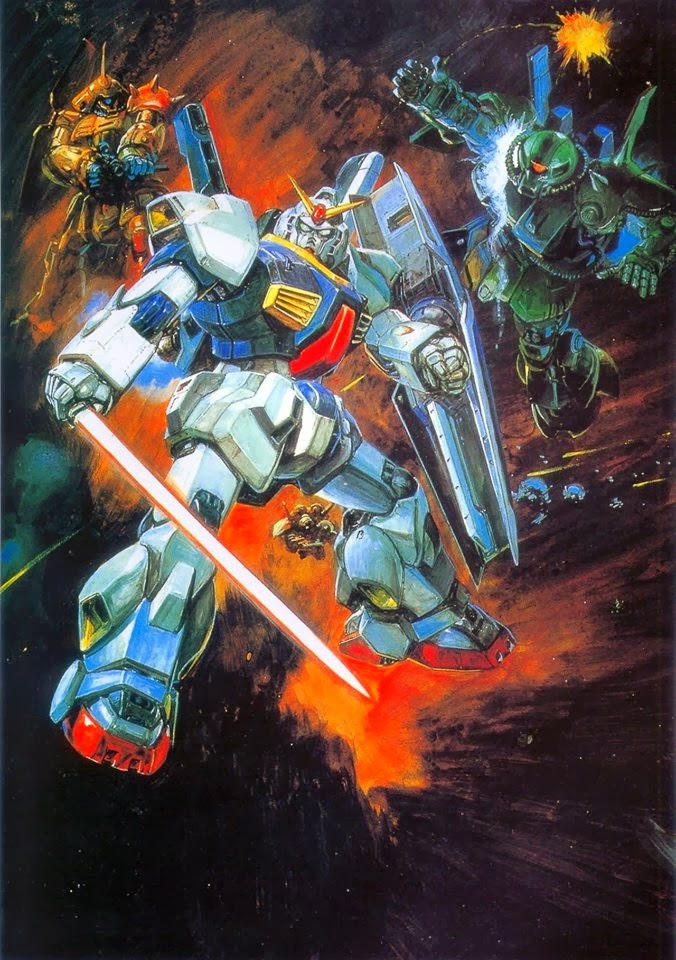 1980s_(style) army battle beam_rifle energy_sword damaged energy_gun gundam gundam_mk_ii hizack machinery marasai mecha mobile_suit no_humans official_art oldschool one-eyed painting_(medium) promotional_art realistic retro_artstyle robot scan science_fiction shield shoulder_spikes space spikes takani_yoshiyuki thrusters traditional_media v-fin weapon zero_gravity zeta_gundam
