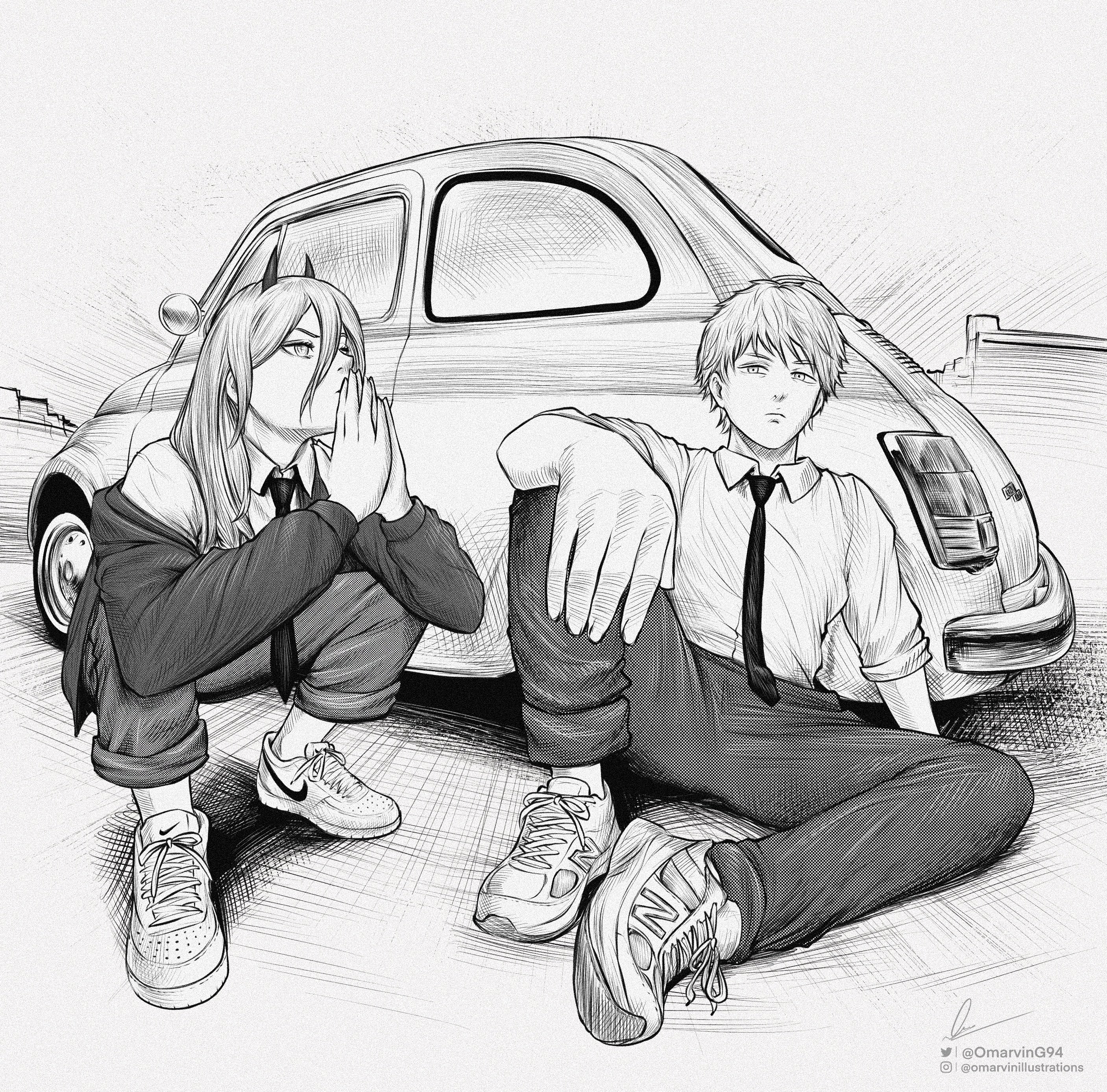 1boy 1girl absurdres black_necktie black_pants car chainsaw_man collared_shirt demon_horns denji_(chainsaw_man) fiat fiat_500 greyscale hair_between_eyes highres horns instagram_username long_hair looking_at_viewer marvin_(omarvin) monochrome motor_vehicle necktie pants power_(chainsaw_man) shirt short_hair signature twitter_username white_shirt