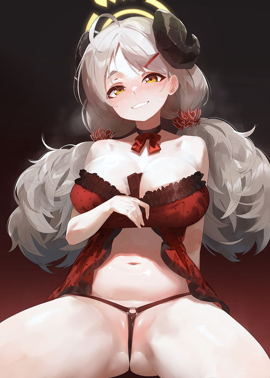 1girl ahoge black_horns black_panties blue_archive breasts gradient_background grey_hair grin halo highres horns izumi_(blue_archive) large_breasts lifting_own_clothes long_hair looking_at_viewer mo_ne navel o-ring o-ring_bottom o-ring_panties panties partially_visible_vulva sitting smile solo spread_legs stomach twintails underwear yellow_eyes yellow_halo
