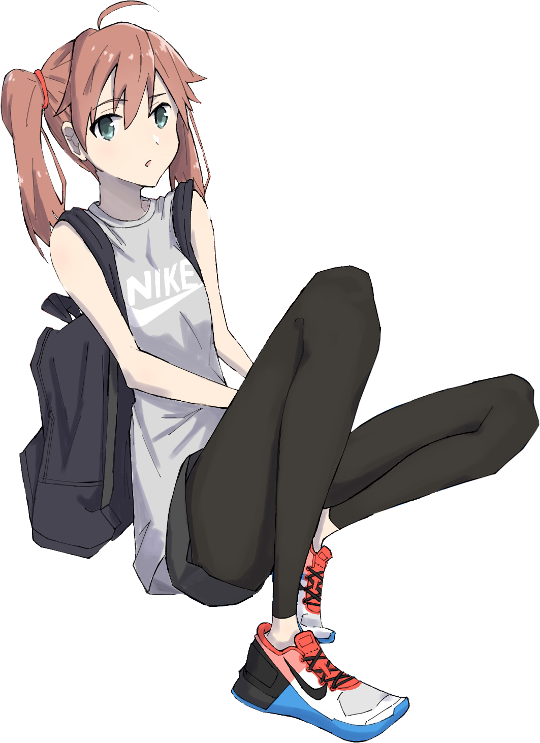 1girl ahoge backpack bag bare_shoulders breasts brown_hair darling_in_the_franxx full_body green_eyes highres miku_(darling_in_the_franxx) nike_(company) pants shoes side_ponytail small_breasts sneakers transparent_background