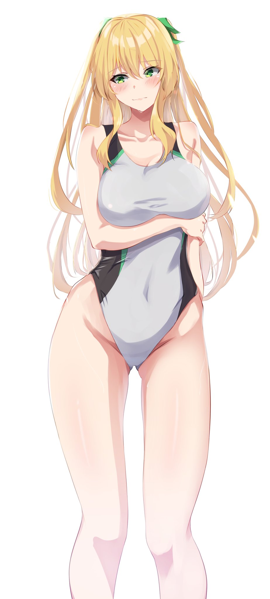 1girl arm_under_breasts blonde_hair blush breasts collarbone covered_navel cowboy_shot green_eyes green_ribbon grey_one-piece_swimsuit hair_ribbon highres large_breasts legs one-piece_swimsuit original pandoa_(mikage0495) ribbon second-party_source solo standing swimsuit thighs