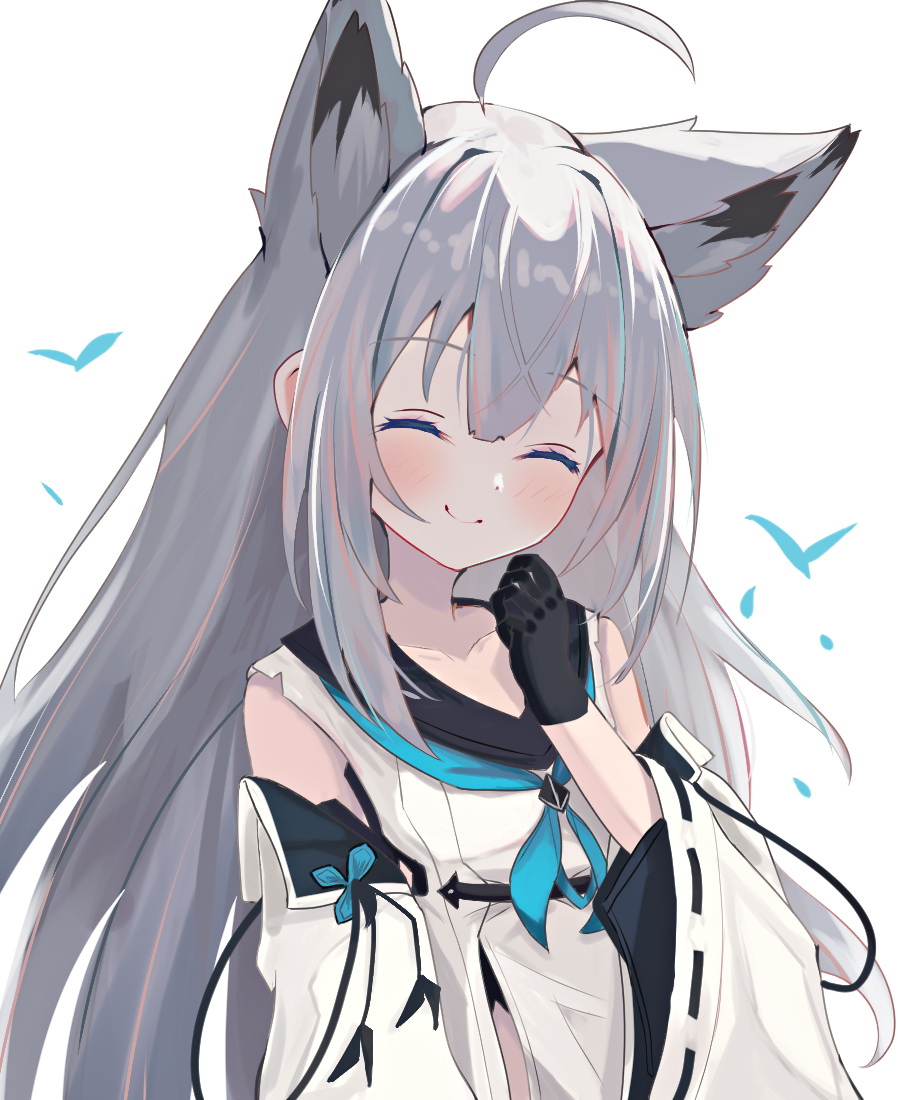 1girl ahoge animal_ear_fluff animal_ears azur_lane black_gloves blush closed_eyes detached_sleeves extra_ears fox_ears fox_girl gloves grey_hair hand_to_own_mouth kawakaze_(azur_lane) long_hair natsuki_(natsu_1936) shirt smile solo upper_body very_long_hair white_shirt white_sleeves